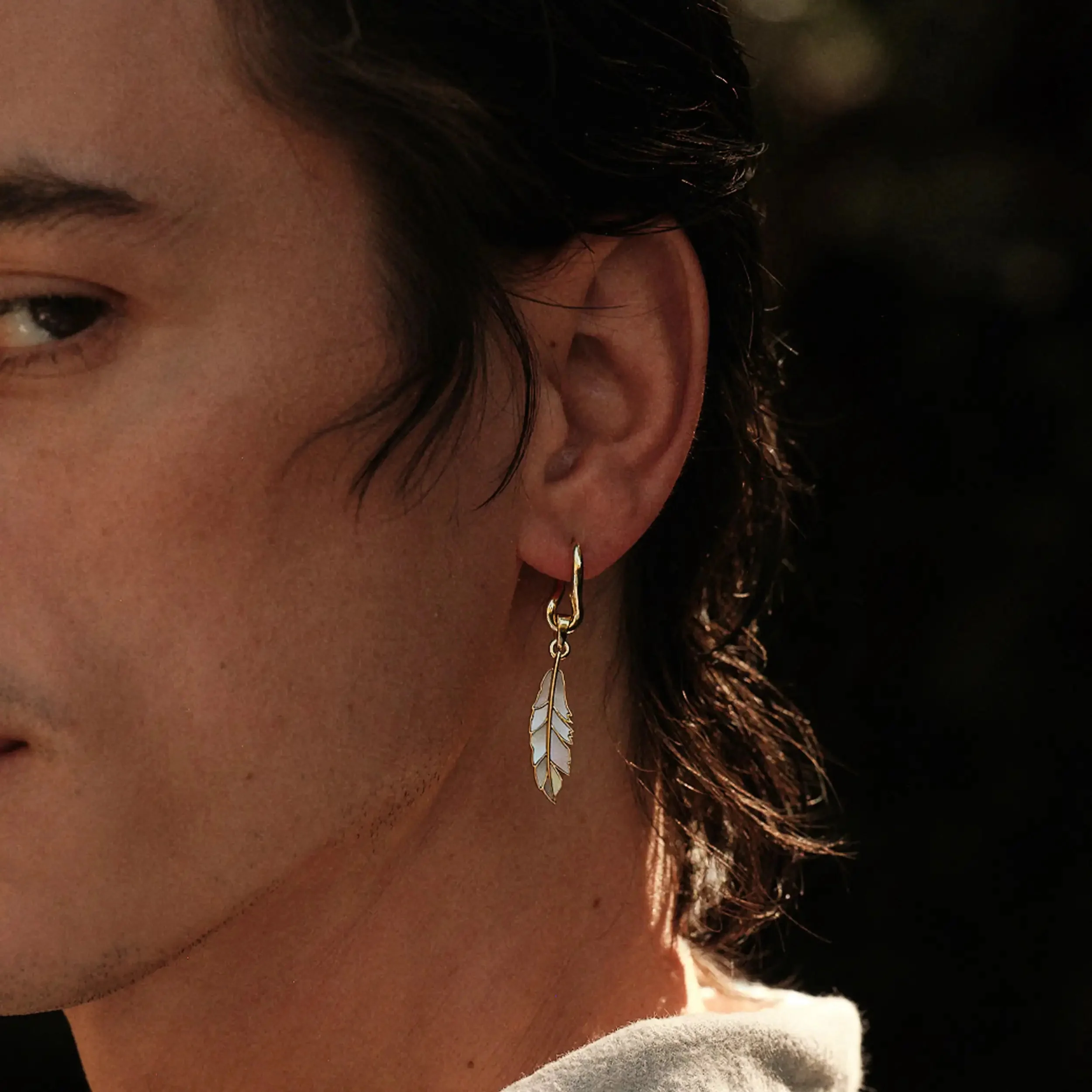 Men's Mother of Pearl Feather Charm Earring - Image 2